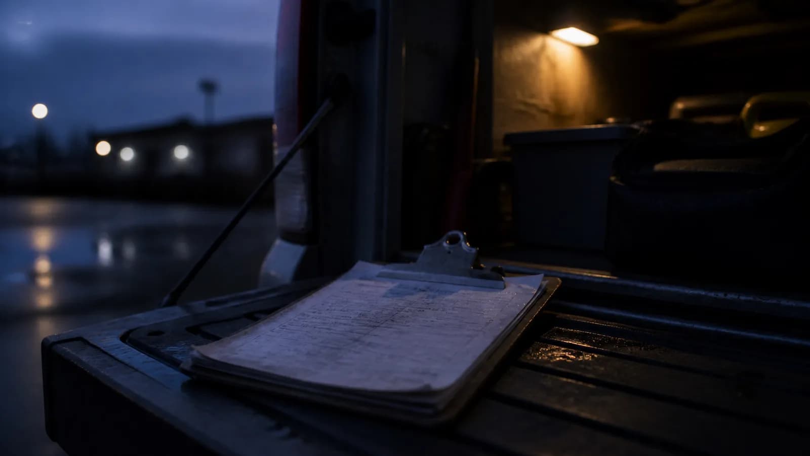 A rain-spotted paper job ticket on a clipboard, left on the open tailgate of a work van at dusk. The handwriting has smudged into illegibility.