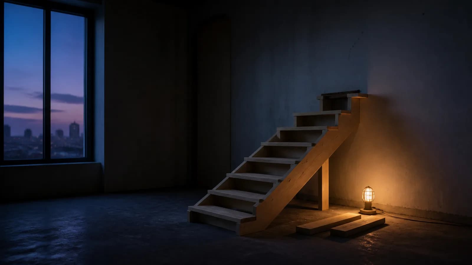 A carefully built wooden staircase rising to a blank wall, with two spare timbers left on the floor.