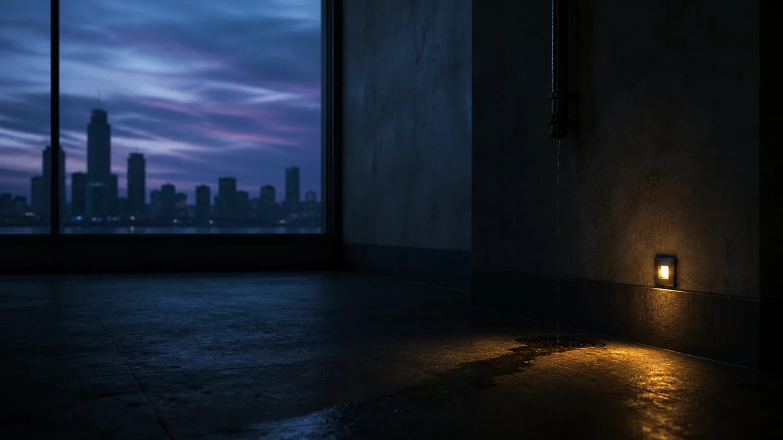 A pipe dripping steadily into a floor drain at dusk, with water pooling across the tiles.