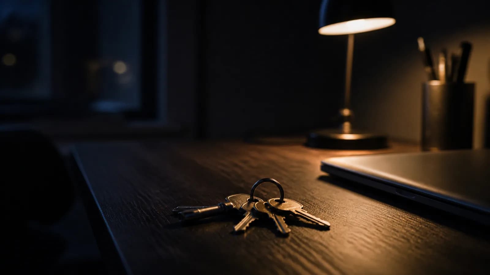 A ring of keys on a dark desk beside a closed laptop, lit by a single lamp.