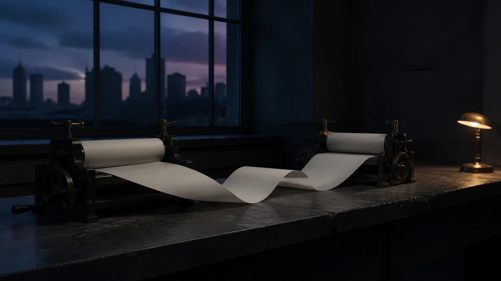 Two separate roller machines on a bench with a paper web sagging in the gap between them, joined by nothing.