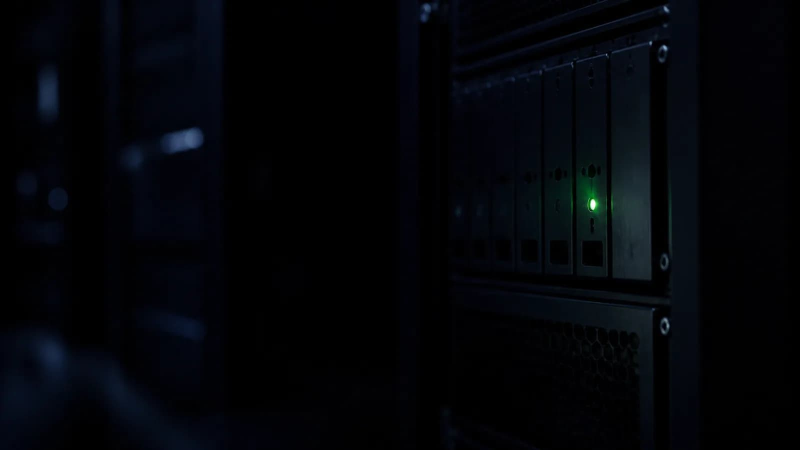 A single green indicator light glowing on an otherwise dark server rack. Every other light on the panel is unlit.