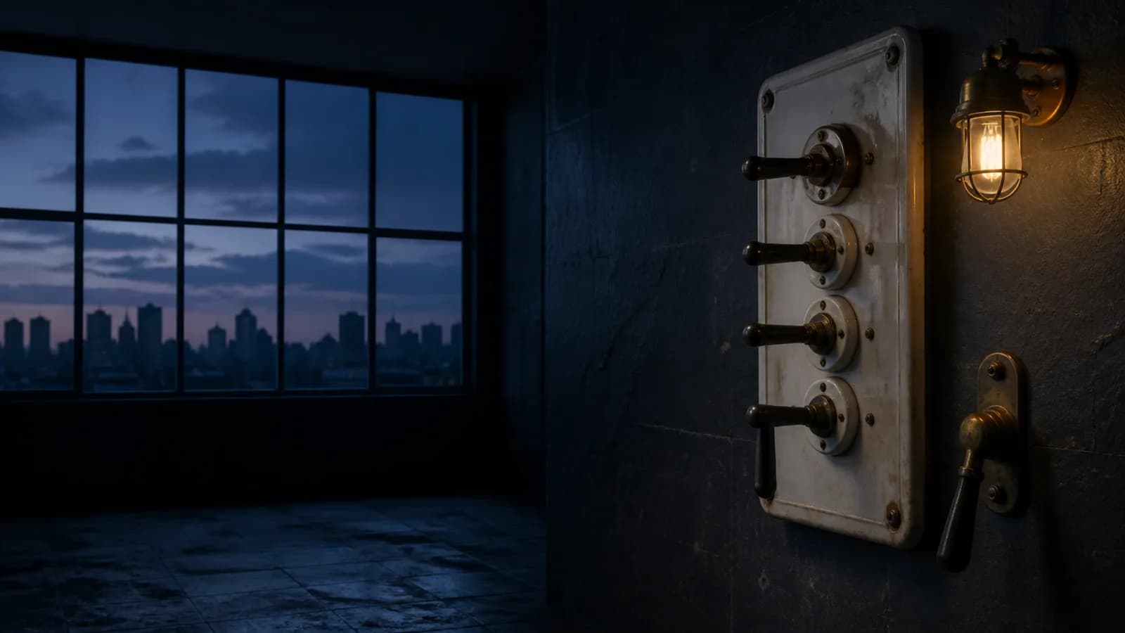 A wall panel of four lever switches in sequence beside a separate handle, lit by one caged lamp.