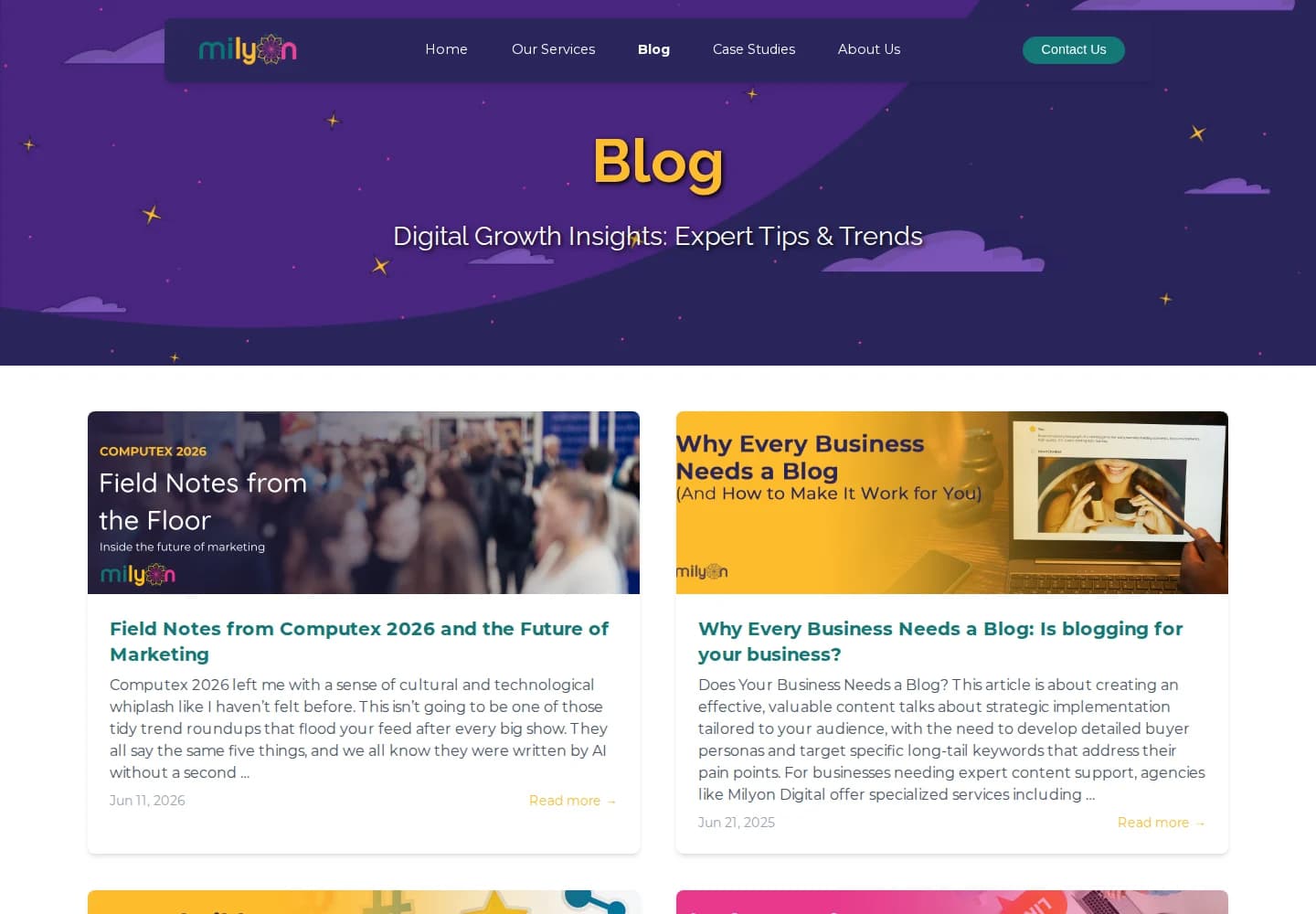 Milyon Digital blog index with published article cards, images, excerpts, and dates