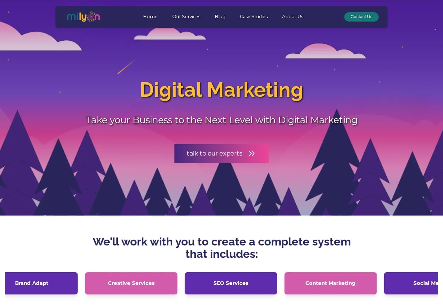 Milyon Digital marketing-services page with its illustrated banner and service navigation