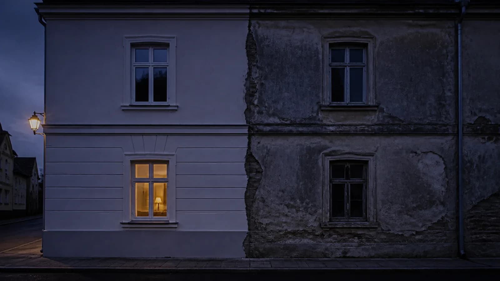 A weathered building facade at dusk, one half freshly repaired and the other half still cracked.