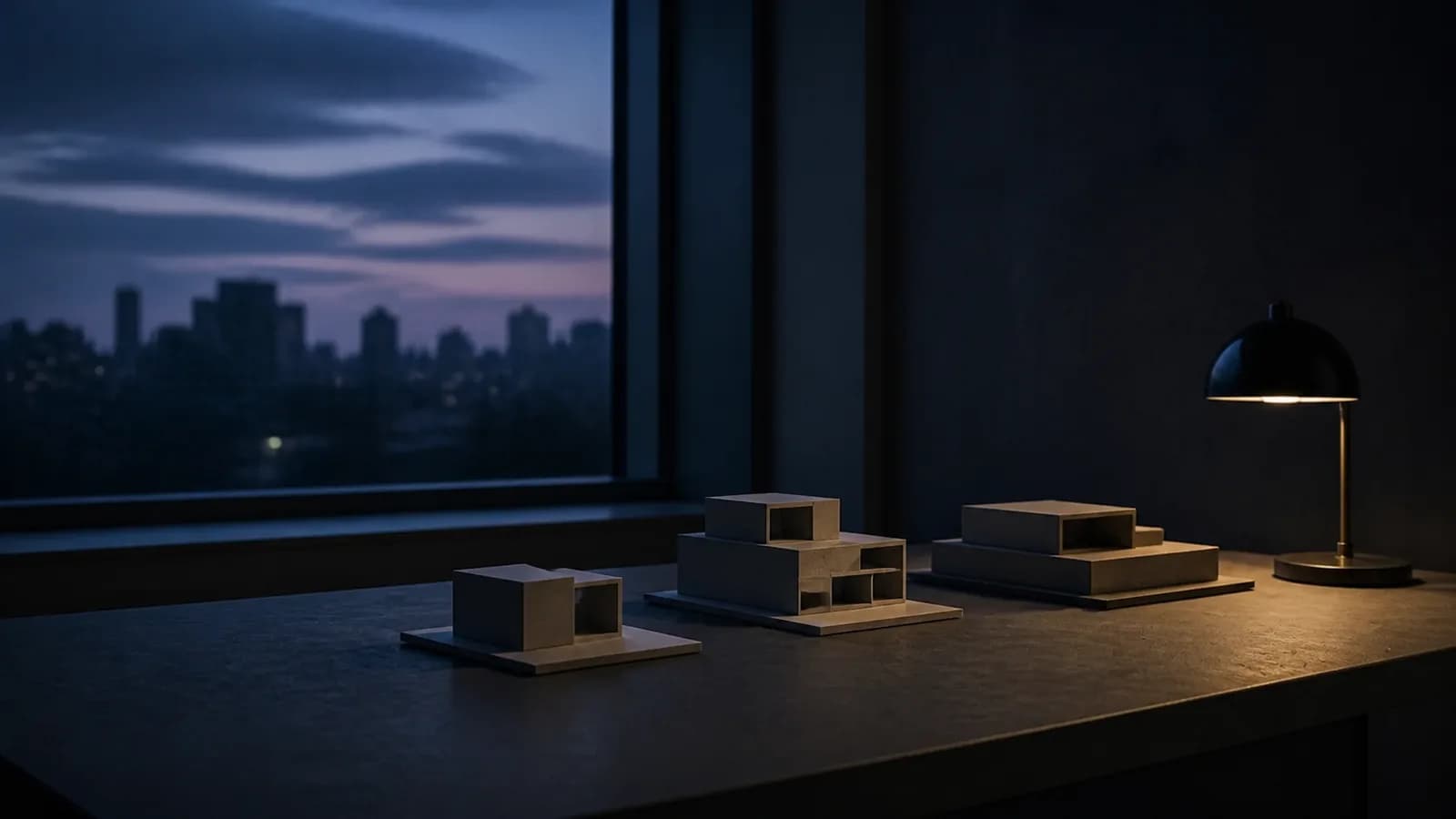 Three architectural massing models of different sizes set out on a desk at dusk, each one a different scale of the same building.
