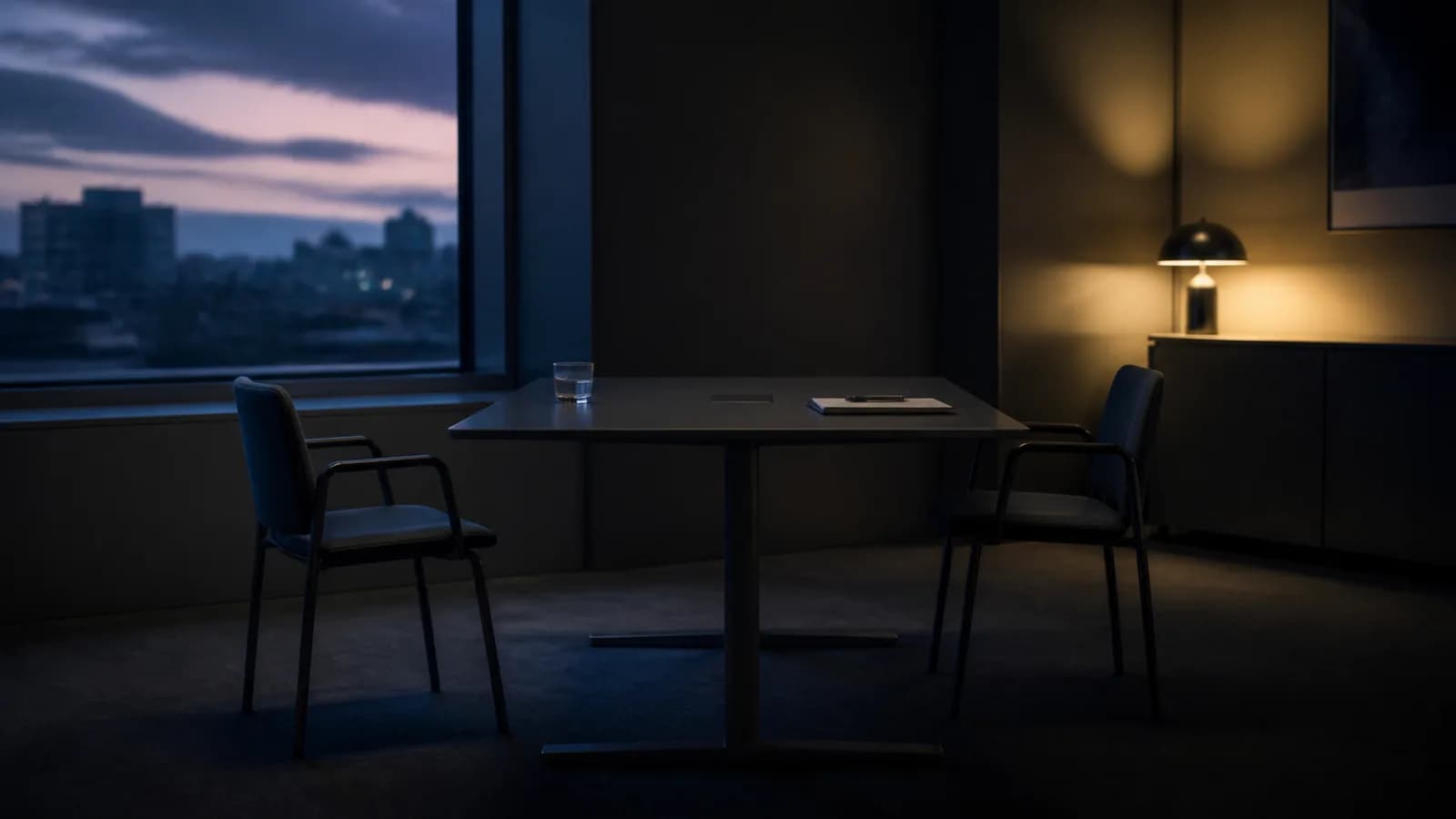 Two empty chairs facing each other across a bare table in a dim meeting room at dusk.