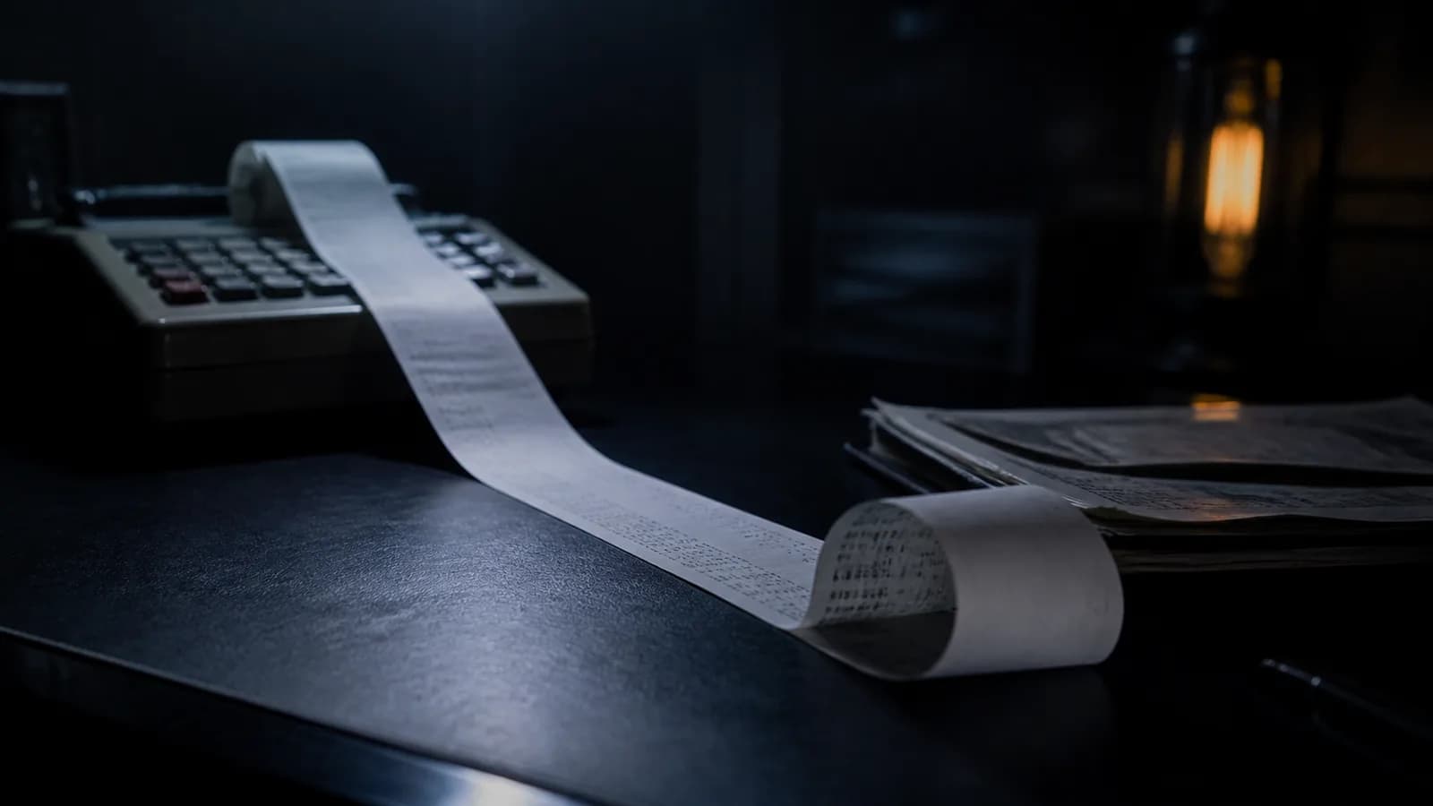 A long printed receipt roll unspooling across a dark desk under a single overhead light.